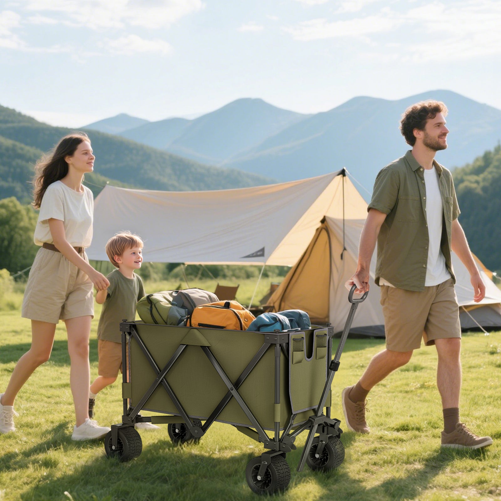 Folding Garden Trolley, Cargo Traile on Wheels, Collapsible Camping Trolley, Outdoor Utility Wagon with Steel Frame and Oxford Fabric, Green