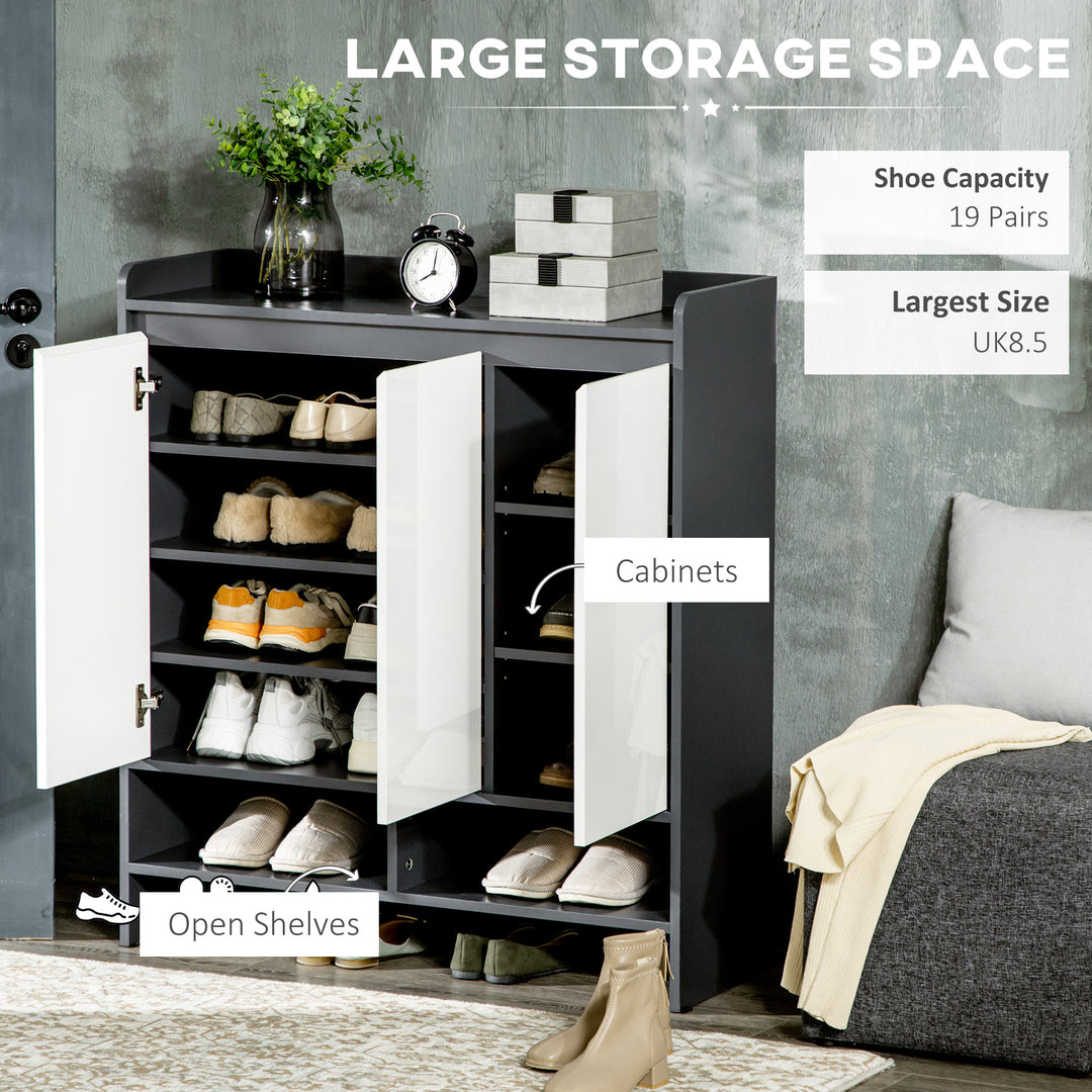 High Gloss Shoe Cabinet with White Doors and Open Shelves, Hallway Shoe Cupboard Storage Organizer for 19 Pairs of Shoes, Grey