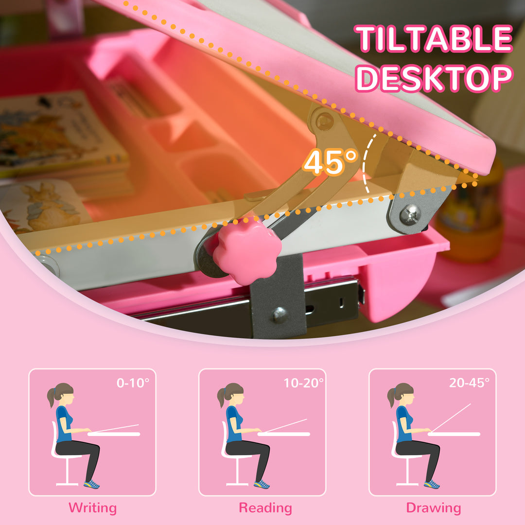 Kids Desk and Chair Set, Student Adjustable Writing Desk, with Drawer, Pen Slot, Hook - Pink