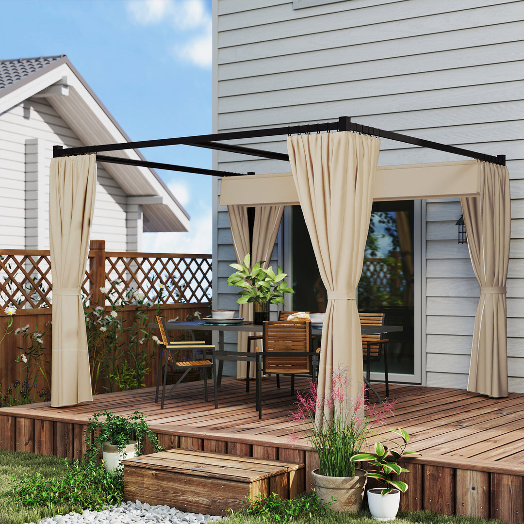 3 x 3(m) Retractable Pergola, Garden Gazebo Shelter with Curtains, for Grill, Patio, Deck, Beige