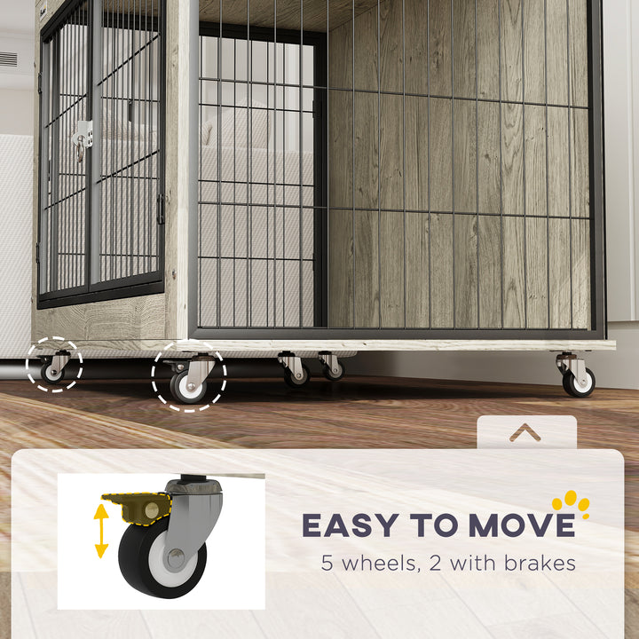 Dog Crate Furniture with Wheels, Double Doors, for Large Dogs, Grey