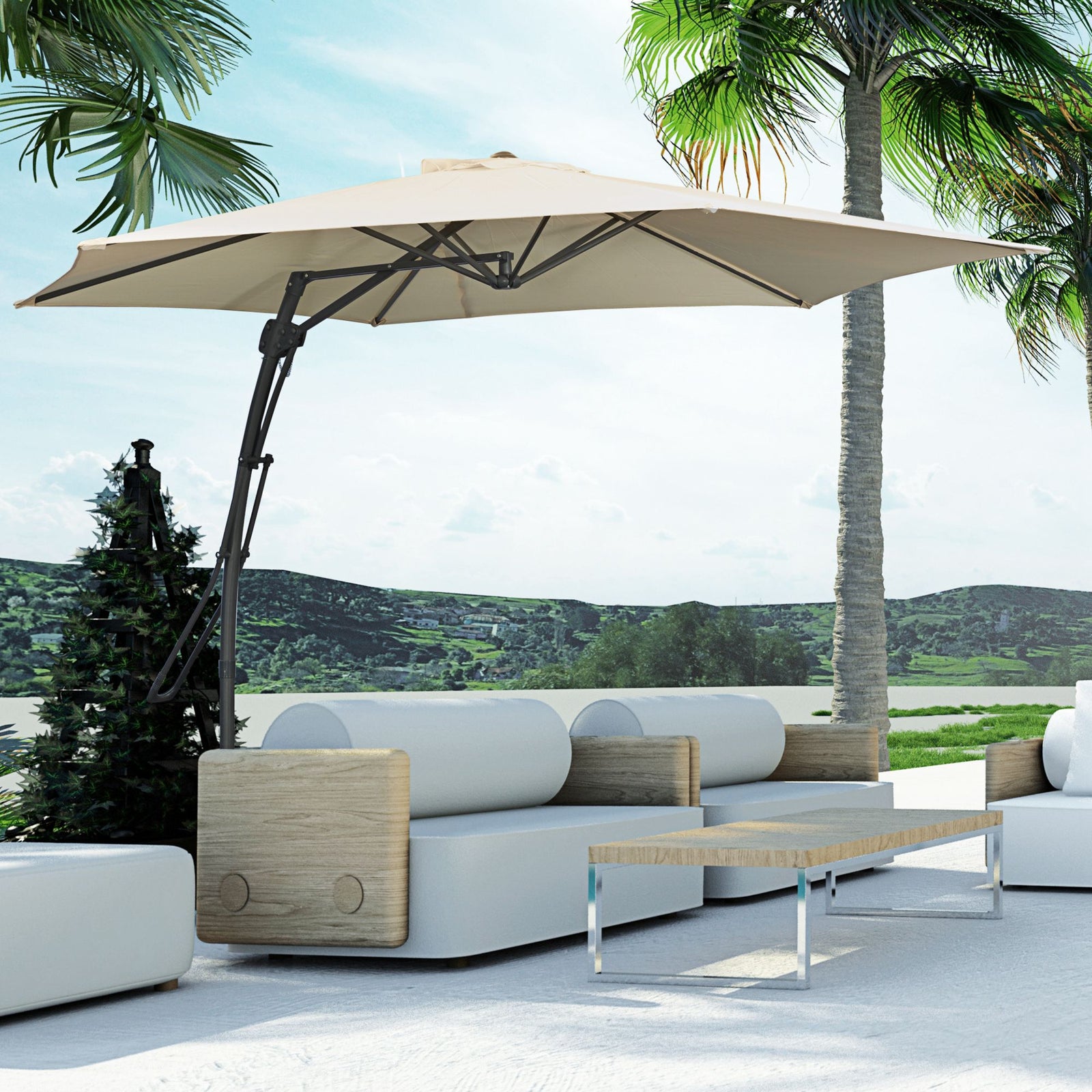 3m Cantilever Parasol with Easy Lever, Patio Umbrella with Crank Handle, Cross Base and 6 Metal Ribs, Outdoor Sun Shades for Garden, White