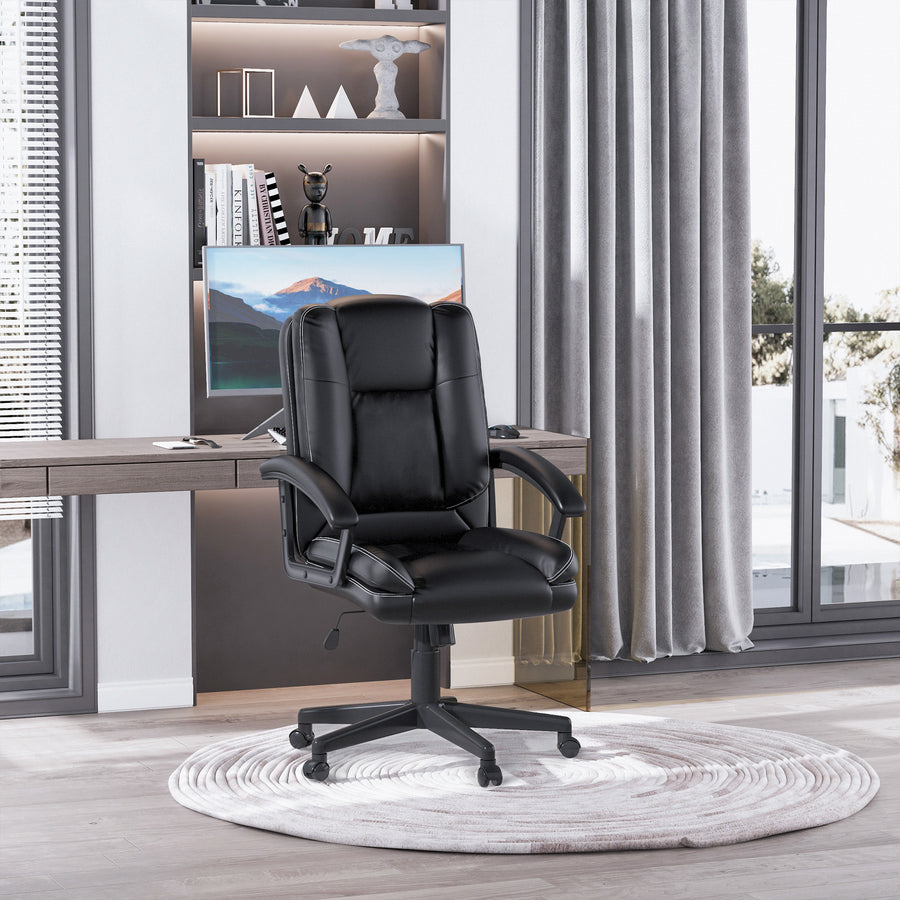 Office Chair, Computer Desk Chair, PU Leather Mid Back Executive Chair with Adjustable Height and Swivel Rolling Wheels for Home Study, Black