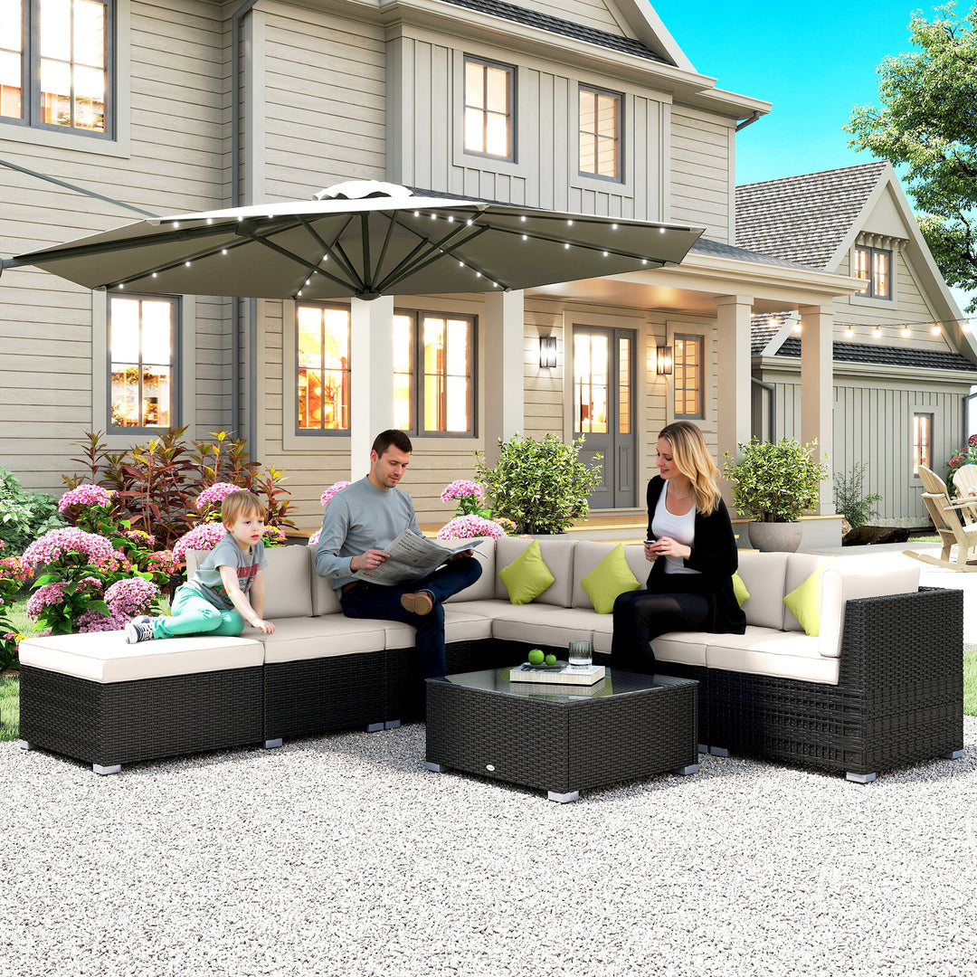 MCL 8 Piece Rattan Corner Sofa Set with Wide & Deep Seat, Assembled Aluminium PE Rattan Garden Furniture Set with Thick Cushions and Glass Top Table for Outdoor, Conservatory, Black