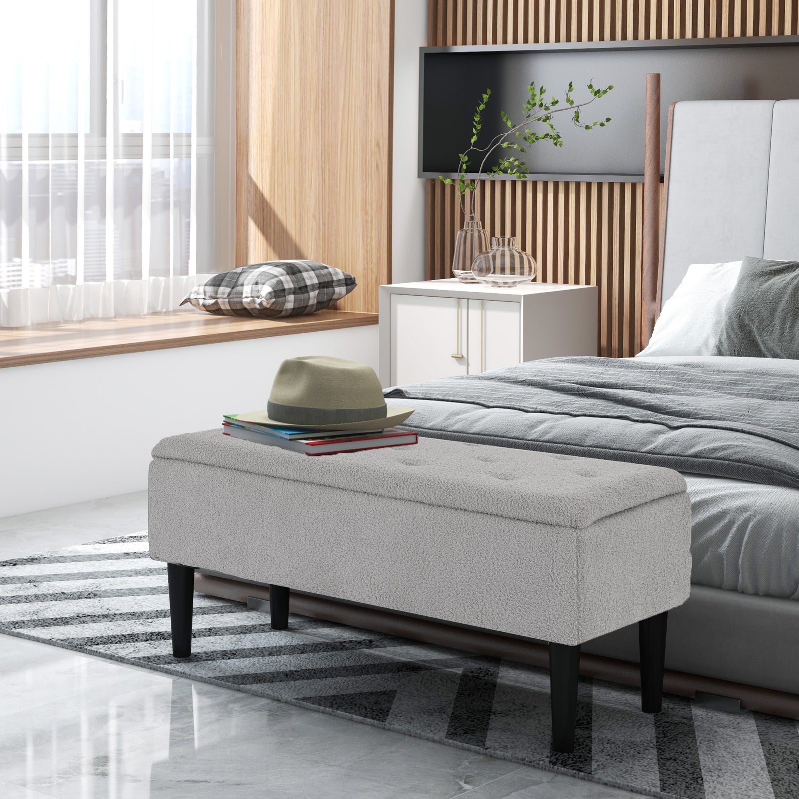 47L Storage Ottoman, End of Bed Bench with Wooden Legs, Fabric Footstool for Living Room, Bedroom, 95 x 38 x 45cm, Grey