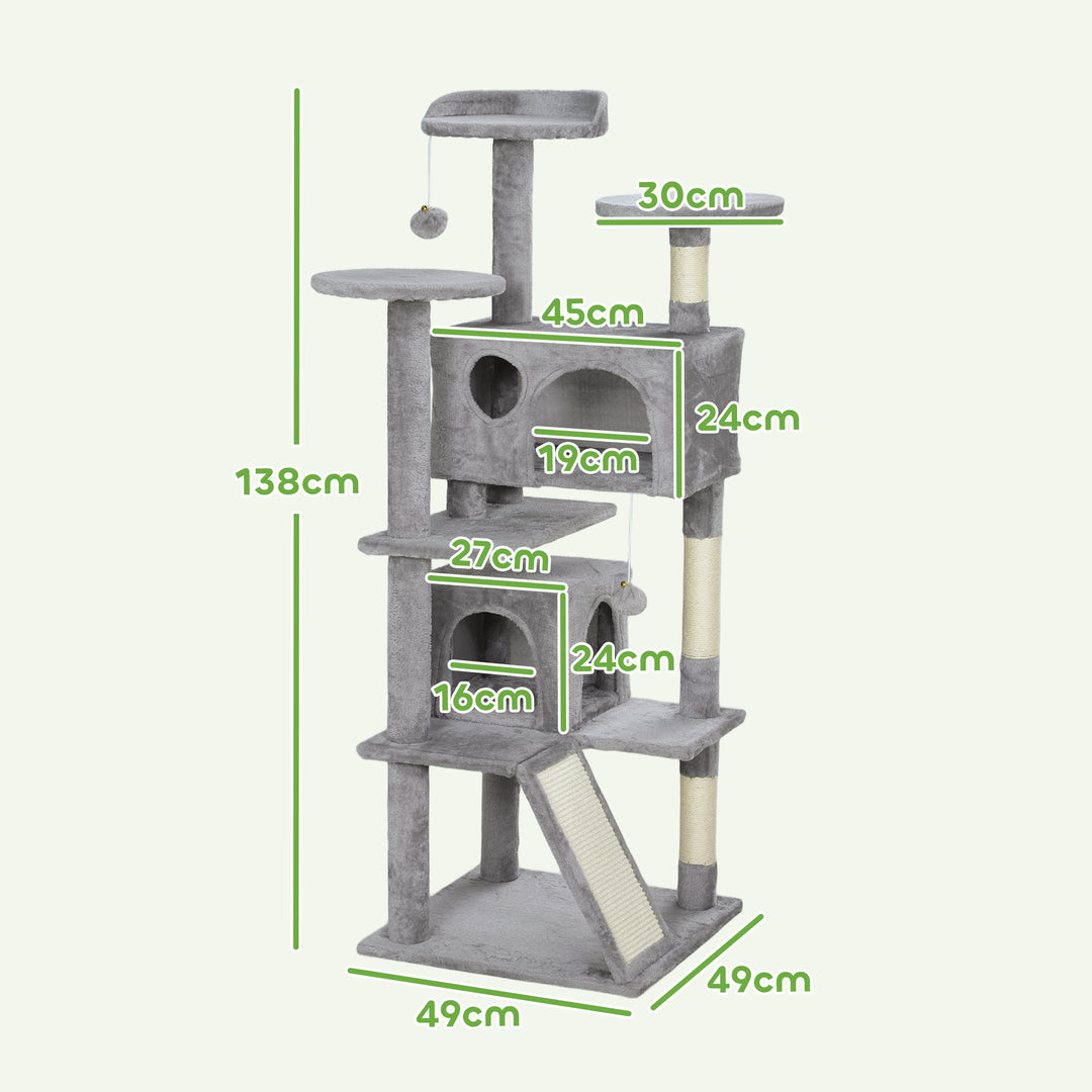 138cm Cat Tree, Multi-Level Cat Tower with Scratching Posts and Pad, Bed, Condos, Platforms, Toy Balls, Light Grey