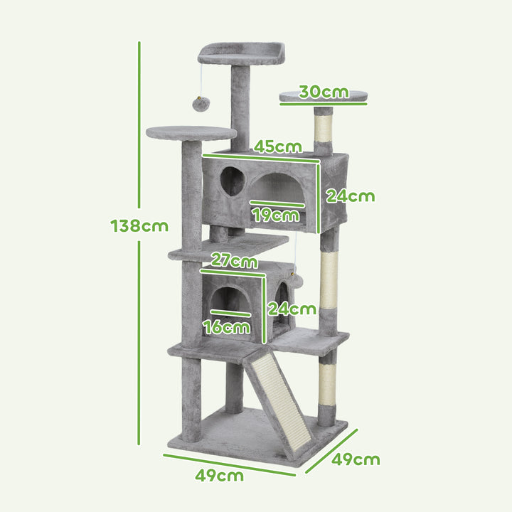 138cm Cat Tree, Multi-Level Cat Tower with Scratching Posts and Pad, Bed, Condos, Platforms, Toy Balls, Light Grey