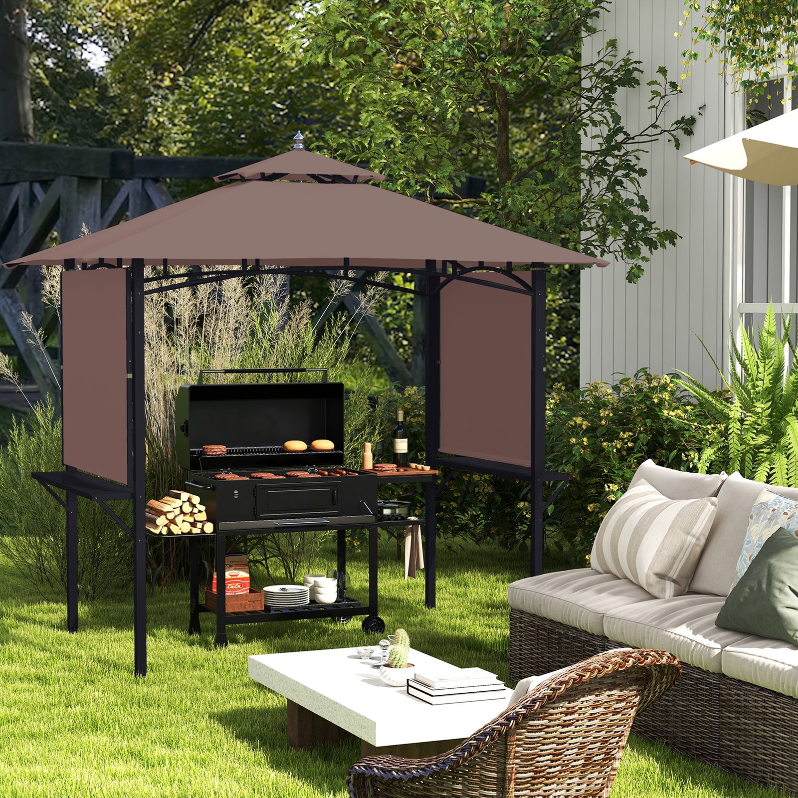 2.4 x 1.5 m (8' x 5') Grill Gazebo Canopy with Extendable Side Awnings, Outdoor BBQ Gazebo Shelter with 2 Side Shelves for Garden, Patio, Barbecue, Picnic, Coffee