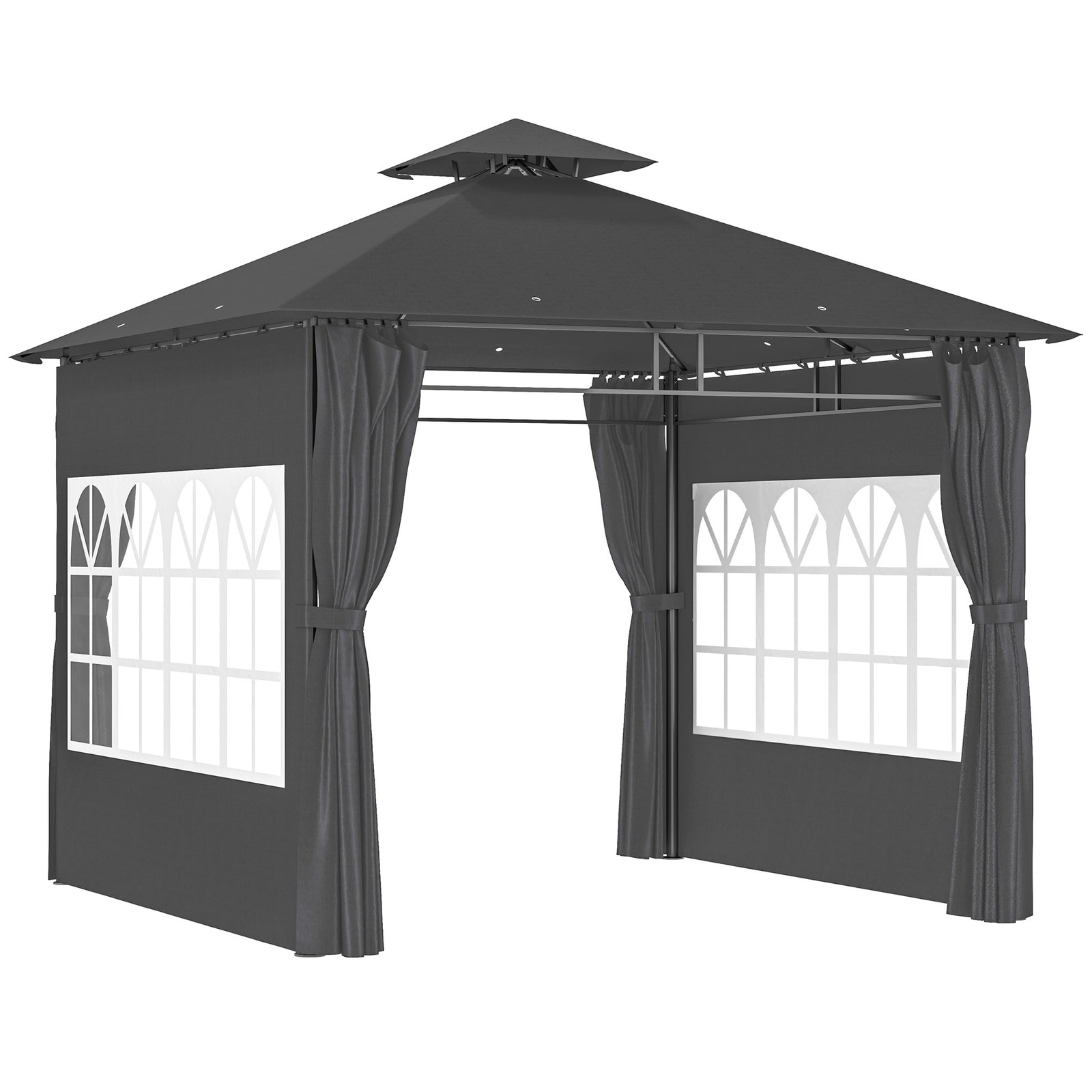 3 x 3 m Garden Gazebo, Double Roof Metal Gazebo with Removable Sidewalls and Church Windows, Outdoor Canopy Shelter, Dark Grey
