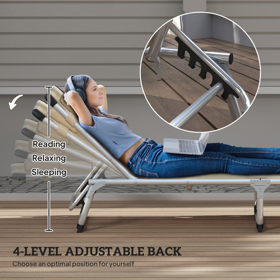 Foldable Outdoor Sun Lounger, Reclining Lounge Chair Camping Bed Cot with Pillow 4-Level Adjustable Back Aluminium Frame, Khaki