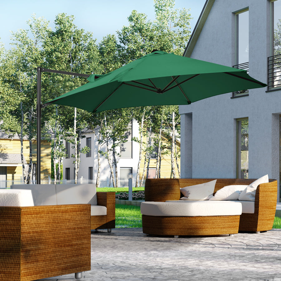 2.5M Garden Cantilever Parasol, Offset Roma Patio Umbrella Hanging Sun Shade Canopy Shelter with 360° Rotation and Cross Base, Green