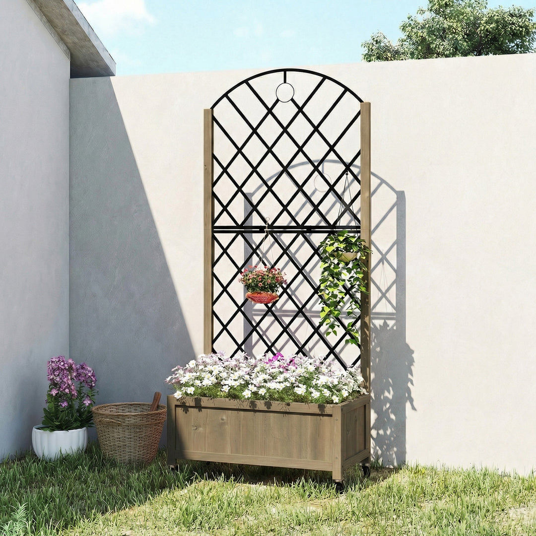Raised Garden Bed with Metal Trellis, Wooden Elevated Planter Box w/Lo