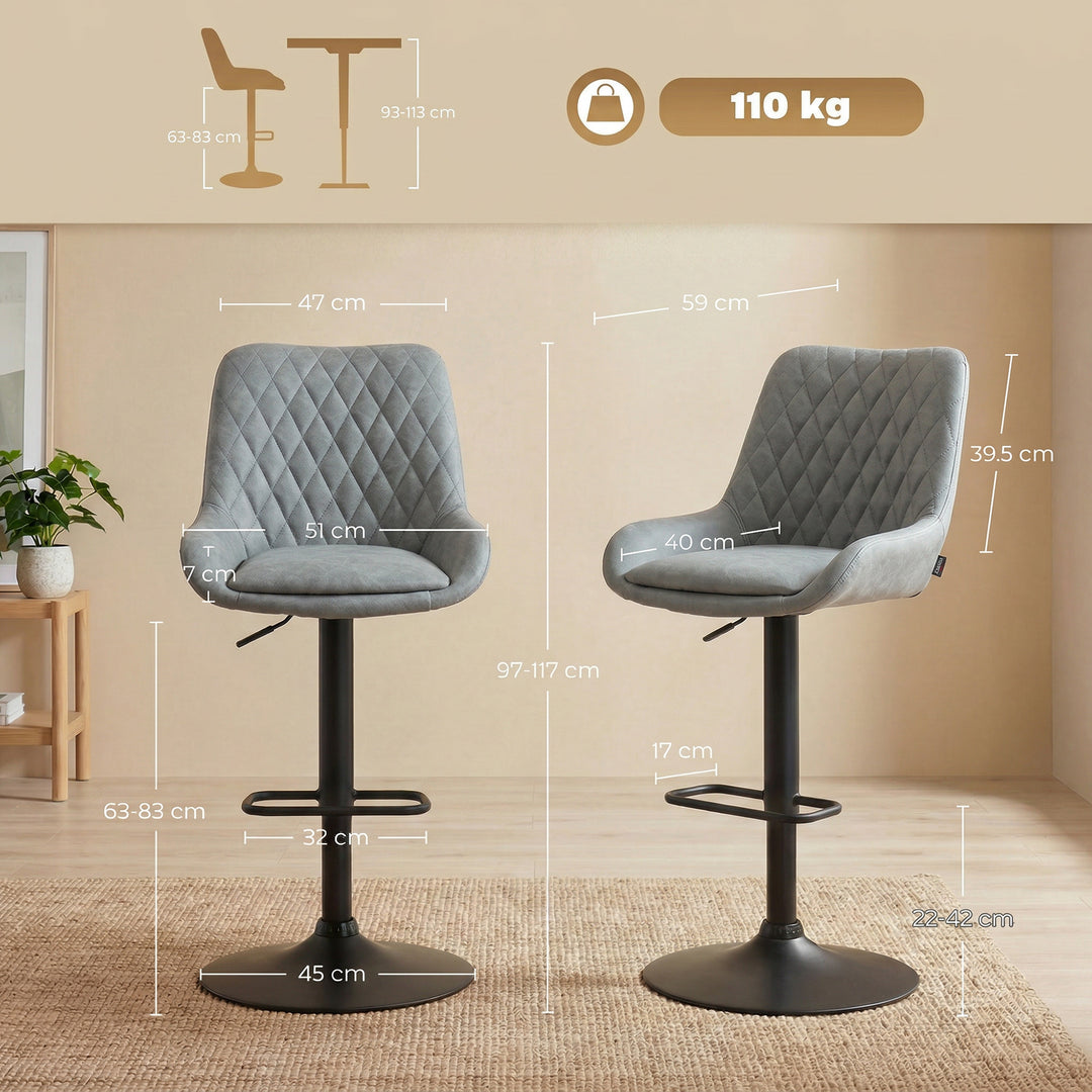 Set of Two Faux Leather Retro Bar Stools - Light Grey