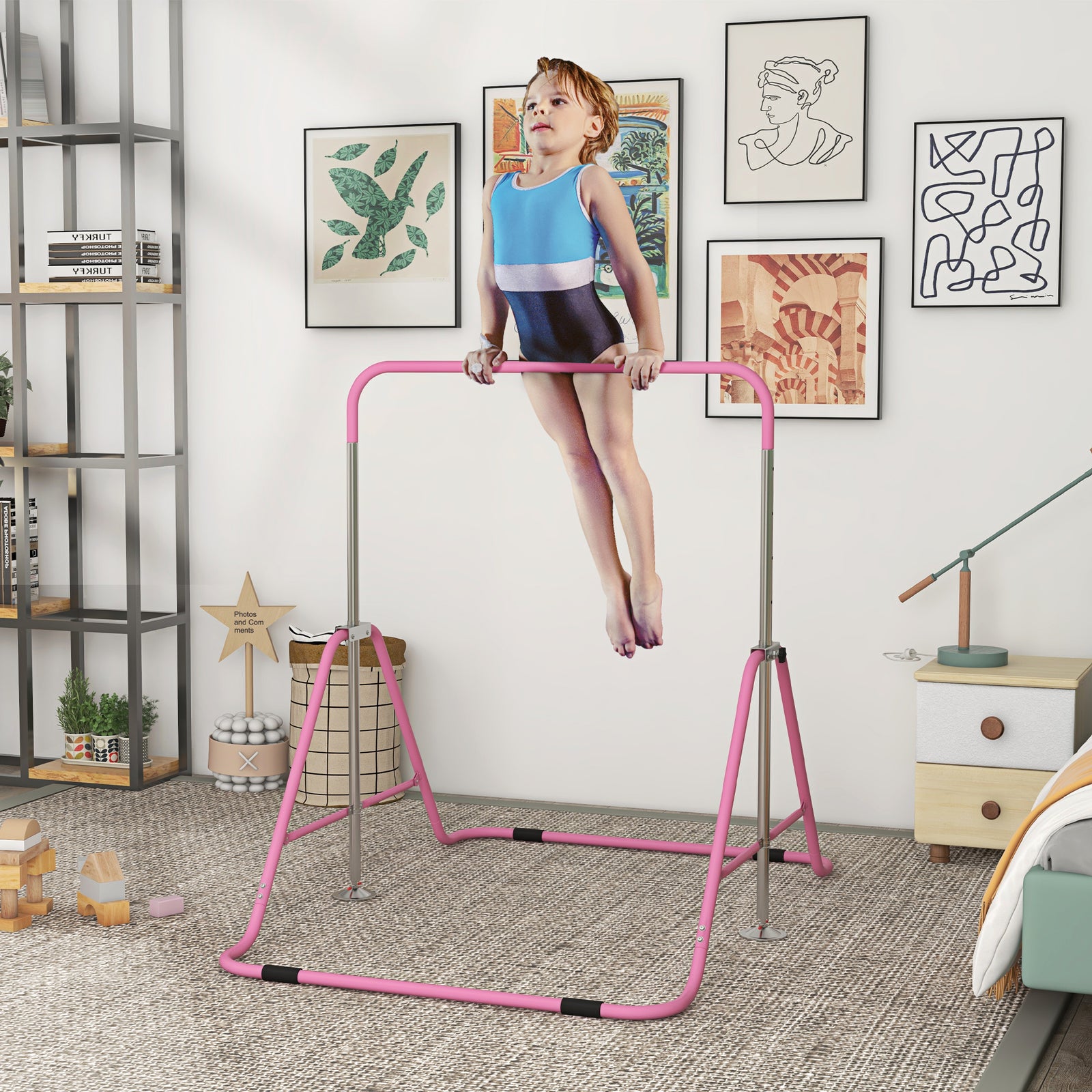 Kids Gymnastic Bar, with Adjustable Height, Foldable Horizontal Bars - Pink