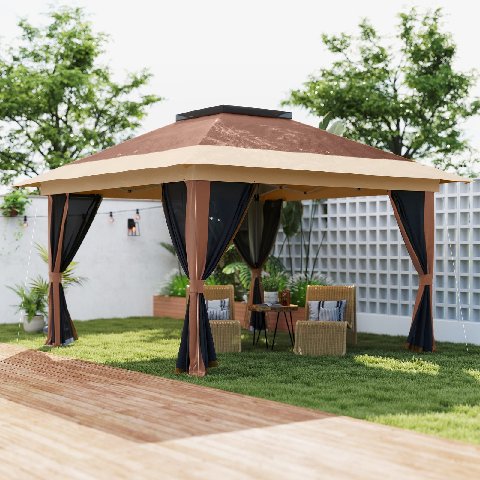 3.6 x 3.6m Pop-Up Gazebo, with Accessories - Brown