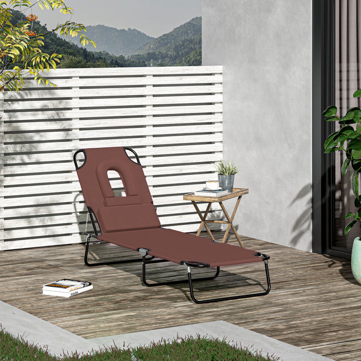 Outdoor Folding Sun Lounger with Face Hole, 4 Level Adjustable Backrest Reclining Garden Lounger, Garden Recliner Sunbed with 600 D Oxford Cloth Seat and Pillow for Beach, Brown