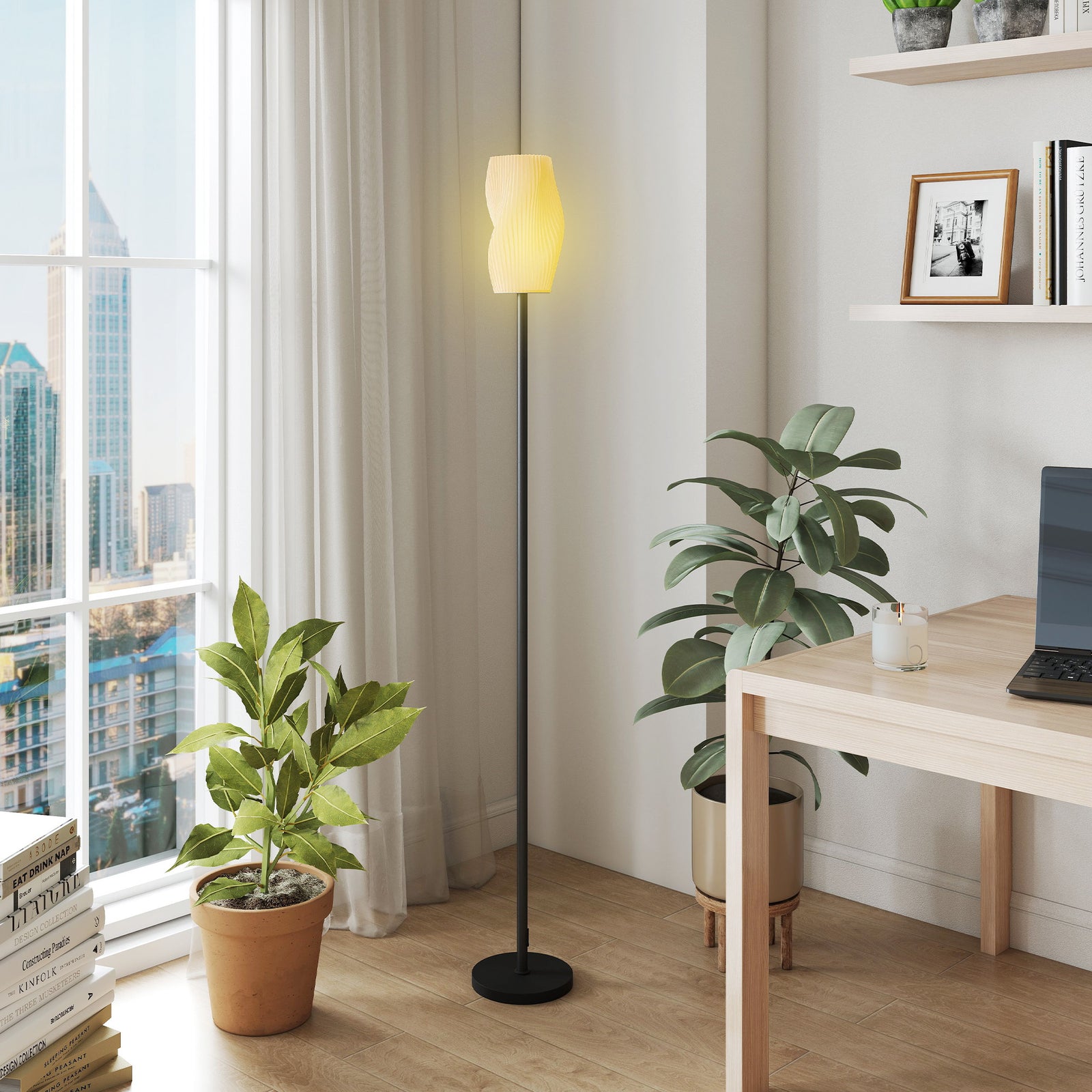 Floor Lamp for Living Room, 3D Printed Modern Standing Lamp with Flowing Curved Shade & Foot Switch, Minimalist Tall Pole Lampshade for Bedroom, Office, E27 Holder without Bulb (25W Max), White