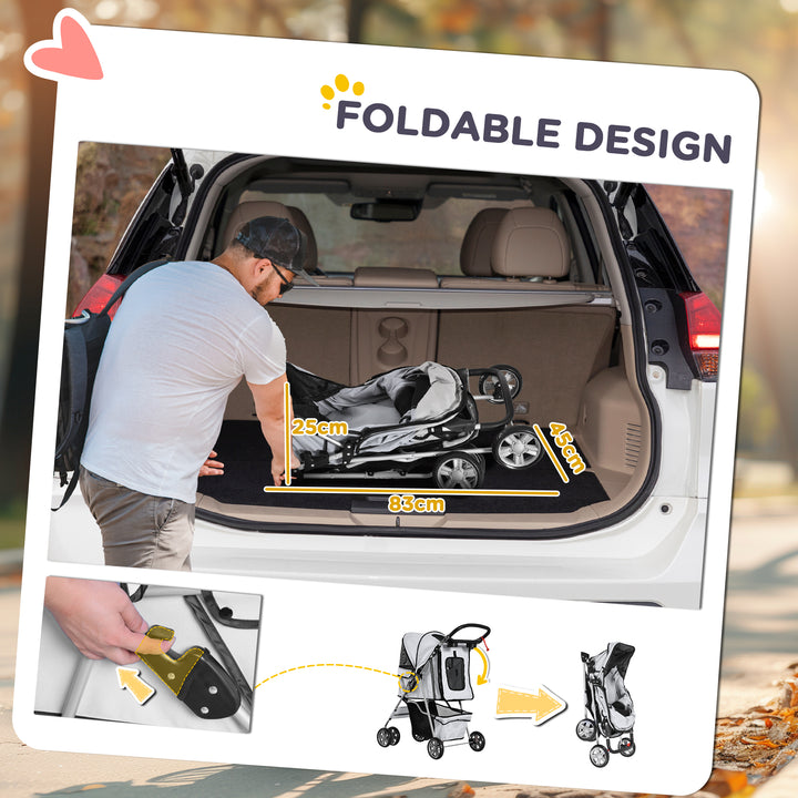 Pet Stroller for Small Miniature Dogs Cats Foldable Travel Carriage with Wheels Zipper Entry Cup Holder Storage Basket Grey