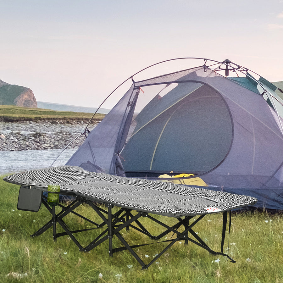 Foldable Camp Bed, Padded Patio Camping Bed with Carry Bag, Magazine Bag and Cup Holder for Outdoor, Garden, Black