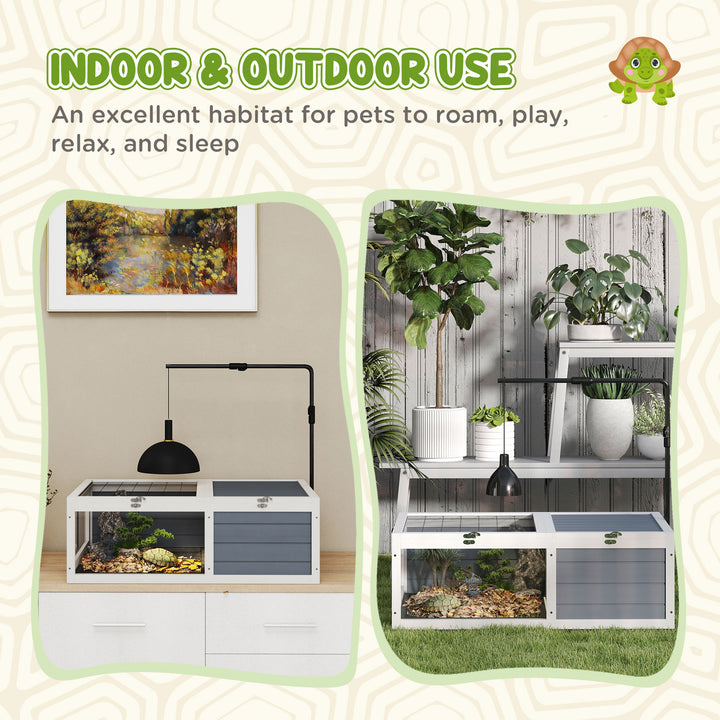 Tortoise Table with Adjustable Lamp Holder, Wooden Tortoise House w/ Openable Lids, Pull-Out Trays - Grey