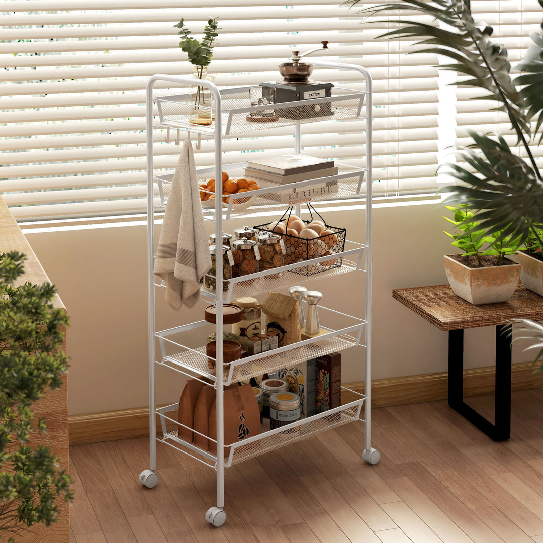 Five-Steel Mesh Basket Storage Trolley, with Wheels - White