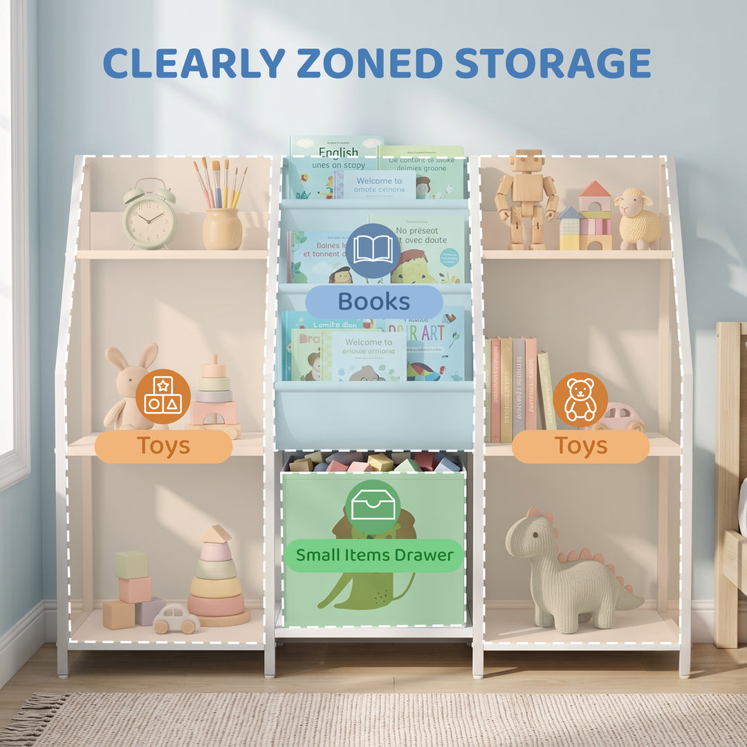 Kids Bookshelf and Toy Storage with 3-Tier Sling Book Rack and Fabric 