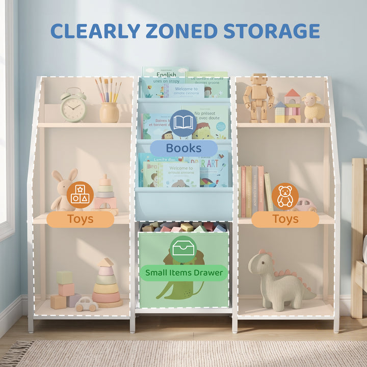 Kids Bookshelf and Toy Storage with 3-Tier Sling Book Rack and Fabric 