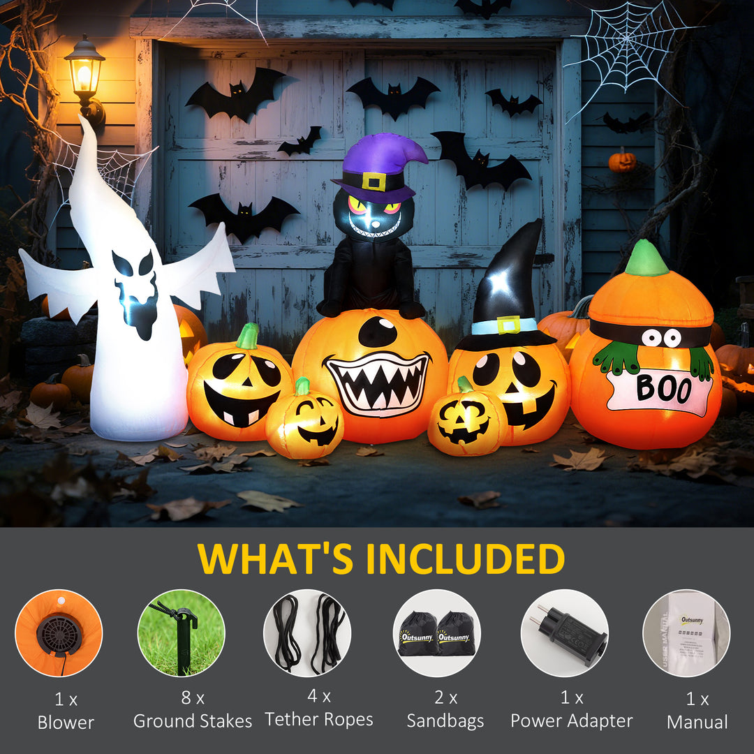 Outsunny 8 FT Halloween Inflatables Pumpkin Ghost and Cat Combo, Outdoor Halloween Decorations with 9 Built-in LEDs, Self-Inflating Blow Up Decor for Garden Party