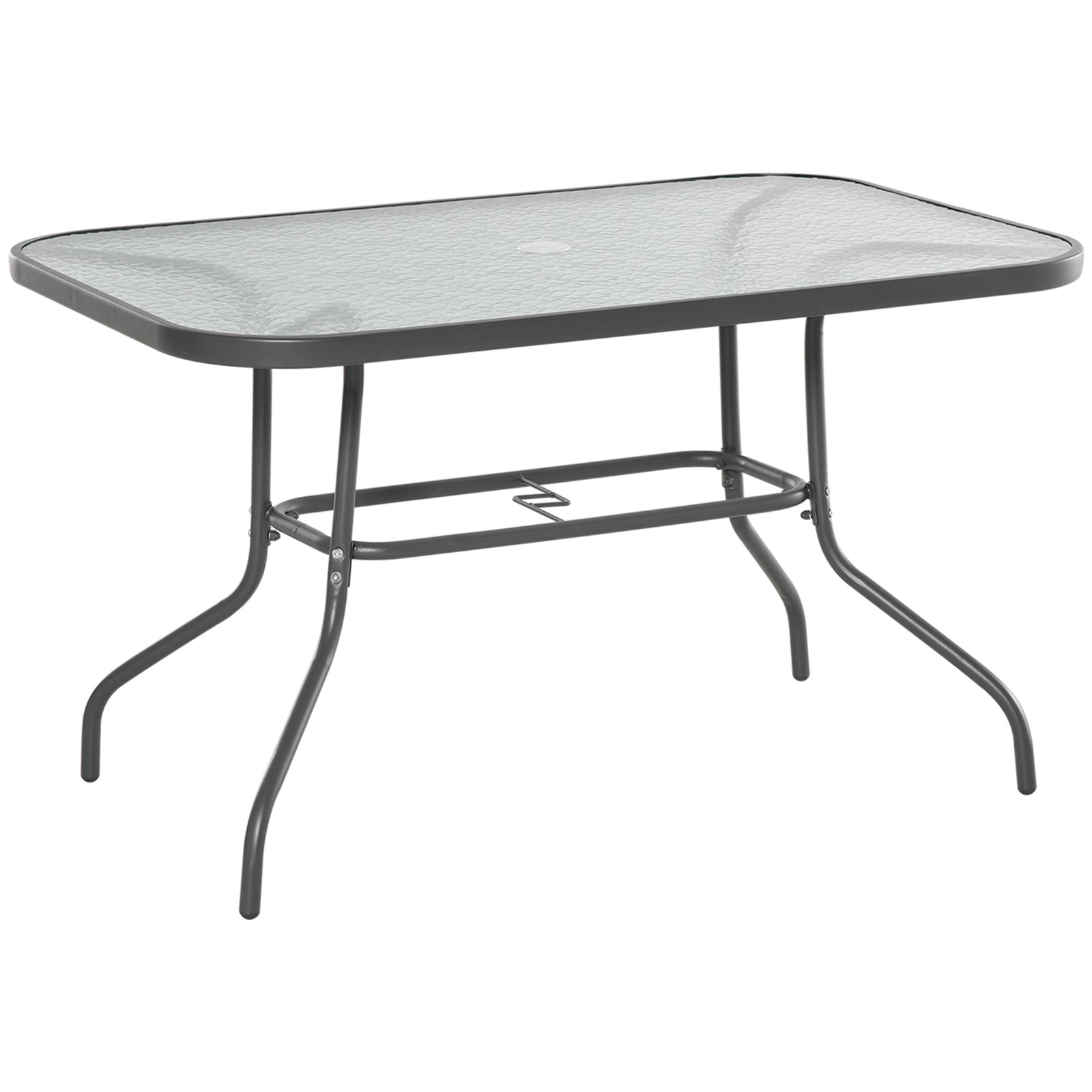 Garden Dining Table Glass Top Metal Frame with Parasol Hole Outdoor Balcony Grey 120L x 80Wcm