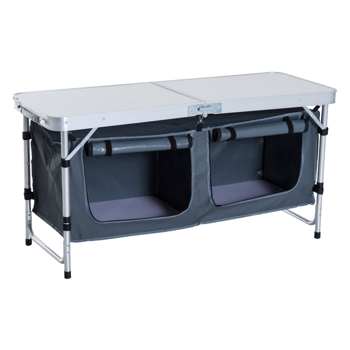 Outsunny 4ft Folding Camping Cupboard Kitchen, Height Adjustable Aluminium Camping Table with Storage, Lightweight Picnic Table for Outdoor Garden BBQ Party