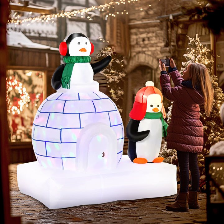 5ft Christmas Inflatable Two Penguins Wearing a Scarf with Ice House Blow Up Decor Home Indoors with Built-in LED Lights Outdoor Toys in Lawn Garden