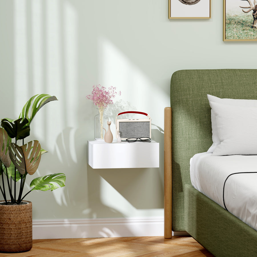 Floating Bedside Table, Wall-Mounted Nightstand with Storage Drawer, Small Side End Table for Bedroom, White