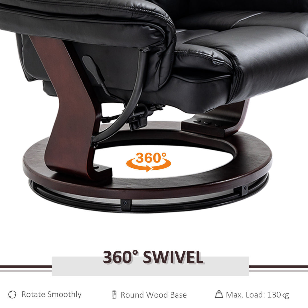 Recliner Chair With footstool, Recliner Armchair up to 130kg Weight Capacity, 135° Reclining Swivel Sofa Chair, PU Leather Ergonomic Couch Bed with Swivel Wood Base for Living Room, Black