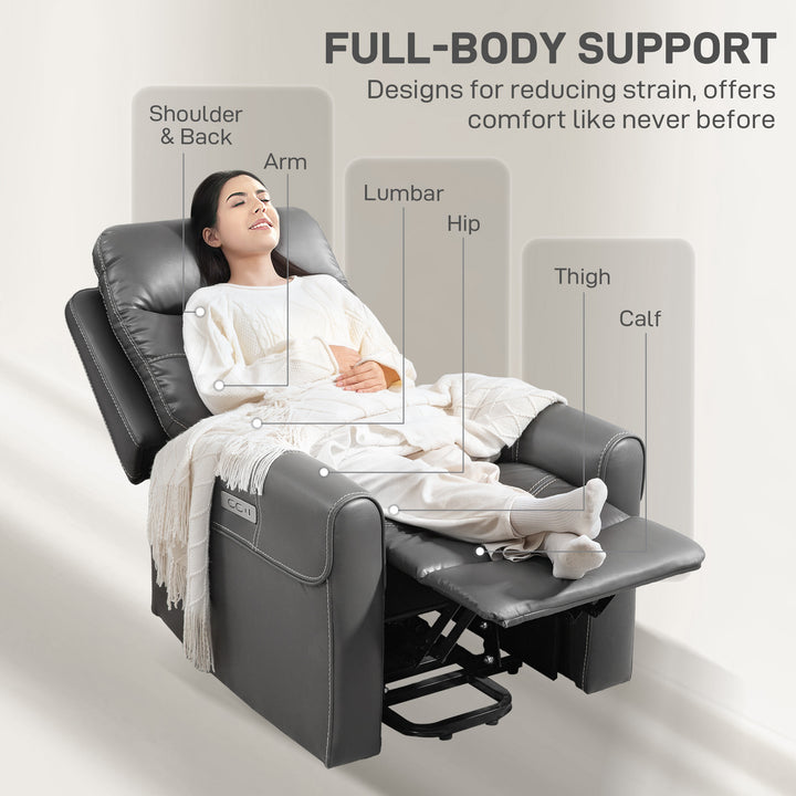 Power Lift Recliner Chair for Elderly, Overstuffed Faux Leather Riser and Reclining Chair with USB A+C Ports, Remote Control, Recliner Armchair for Living Room, Charcoal Grey