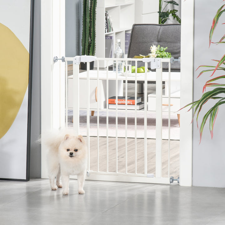 PawHut Pet Metal Safety Gate Pressure Fitted Stair Barrier for Dog Expandable Fence w/ Auto-Close Door Double Locking System 74-84cm White | Aosom UK