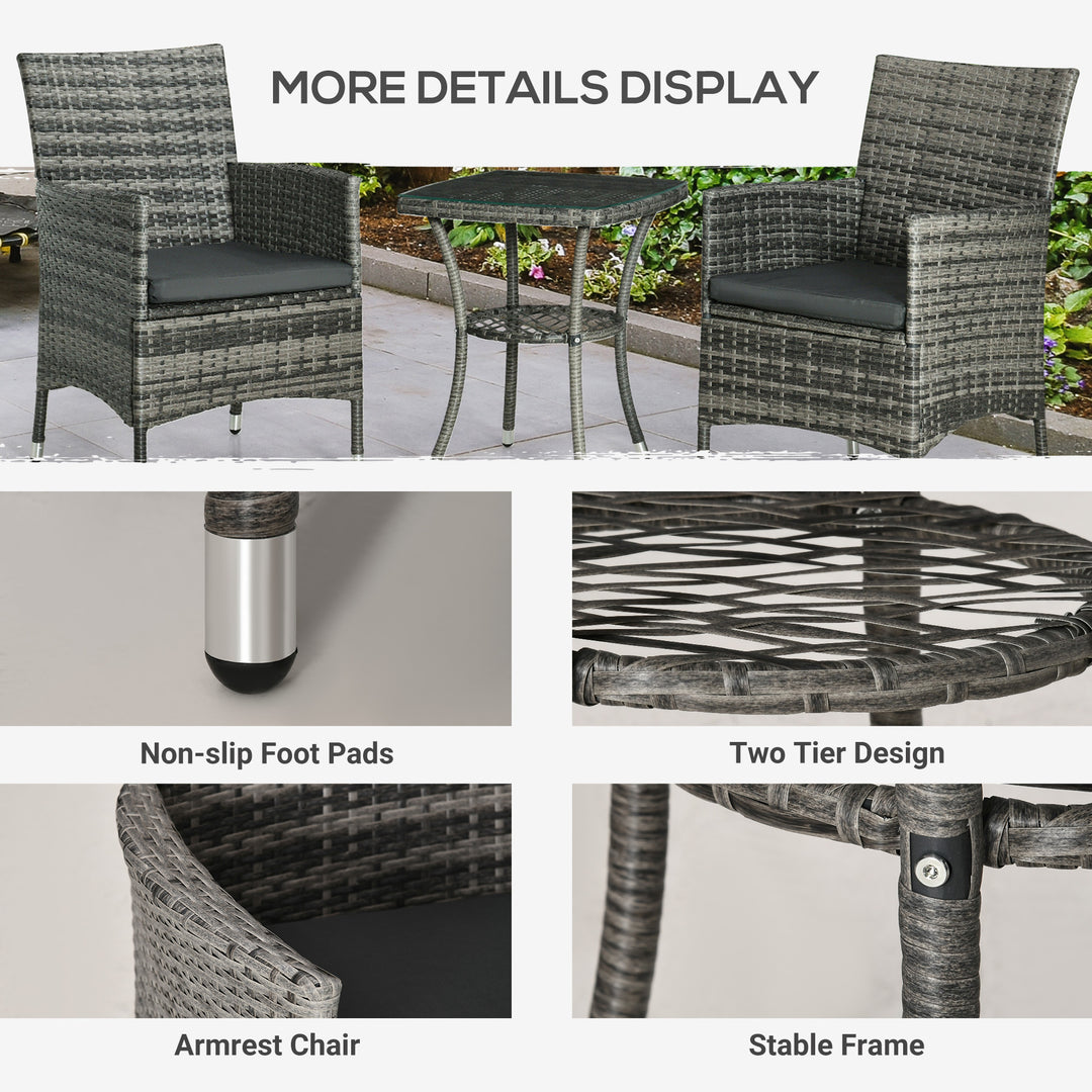 MCL 3 Pieces Rattan Bistro Set, Wicker Garden Furniture Set with 2-Tier Coffee Table and Chairs, Washable Cushions, for Outdoor Patio Balcony, Mixed Grey