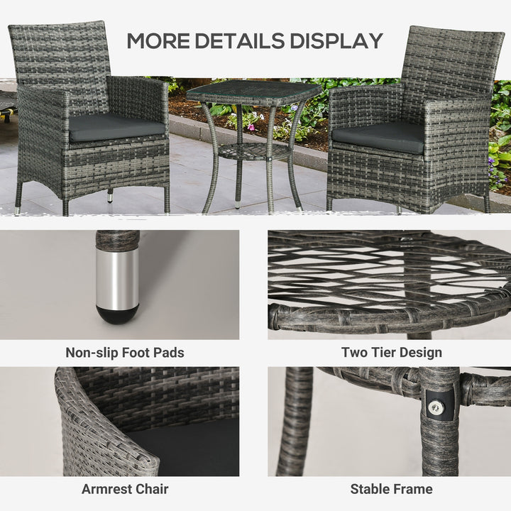 3 Pieces Rattan Bistro Set, Wicker Garden Furniture Set with 2-Tier Coffee Table and Chairs, Washable Cushions, for Outdoor Patio Balcony, Mixed Grey