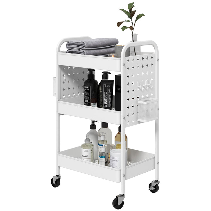 HOMCOM 3-tier Storage Trolley on Wheels, Rolling Utility Serving Cart w/ 3 Mesh Baskets, 2 Hanging Boxes & 6 Hooks for Living Room, White | Aosom UK