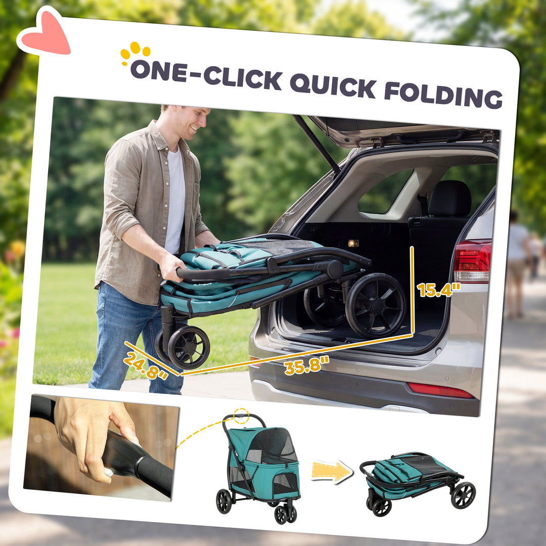 Dog Stroller, 3 Wheels Pet Stroller with Dual Entry, Easy One-Click Qu