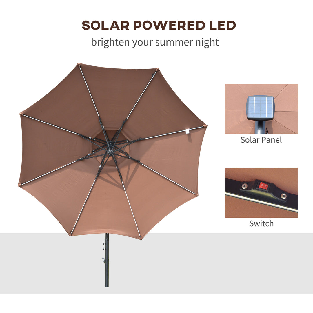 3(m) Cantilever Banana Parasol Hanging Umbrella with Double Roof, LED Solar lights, Crank, 8 Sturdy Ribs and Cross Base for Outdoor, Garden, Patio, Coffee