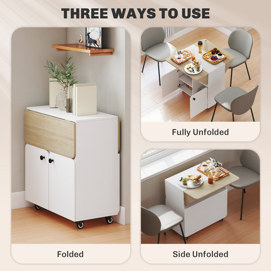 Folding Dining Table, Rolling Drop Leaf Table with Hidden Shelf &amp; Cabi