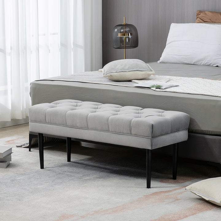 Velvet Bed End Bench, Button Tufted Window Seat, Hallway Shoe Bench, Upholstered Accent Lounge Chair Stool for Living Room, Bedroom, Grey