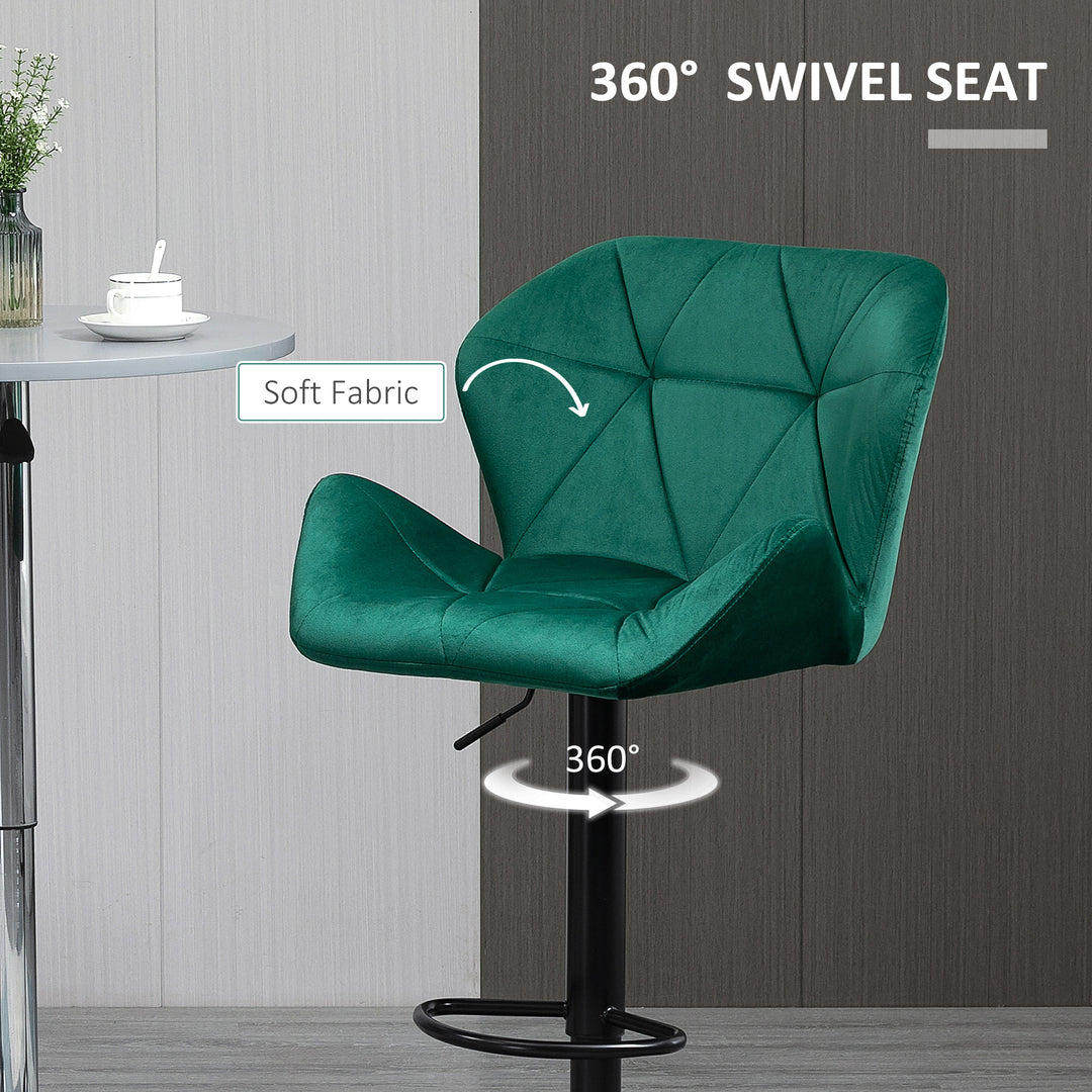Bar Stools Set Of 2, Velvet-Touch Barstools with Metal Frame Footrest and Adjustable Height, Green