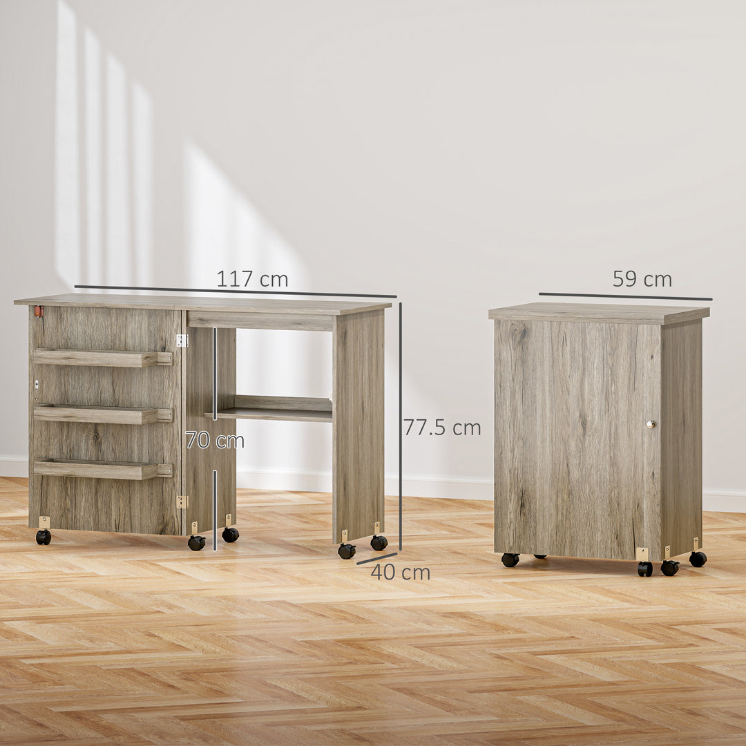 Folding Sewing Table, Drop Leaf Craft Table with Storage Bins, Open Shelf and Wheels, Rolling Sewing Machine Cabinet Computer Desk for Small Space, Grey