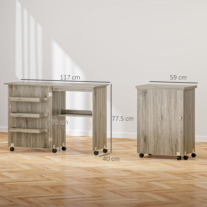 Folding Sewing Table, Drop Leaf Craft Table with Storage Bins, Open Shelf and Wheels, Rolling Sewing Machine Cabinet Computer Desk for Small Space, Grey