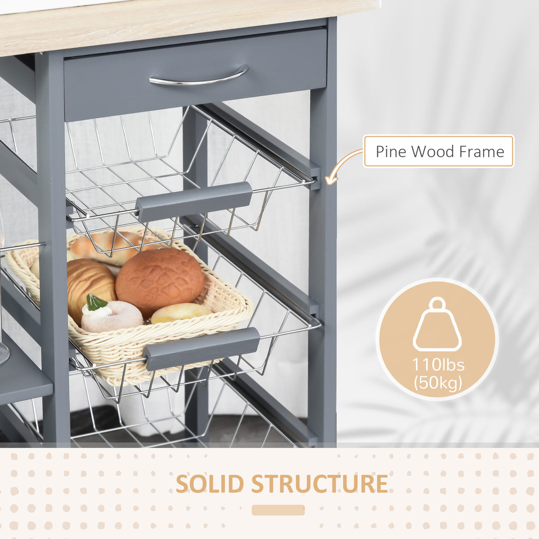 Rolling Kitchen Cart, Utility Storage Cart with 4 Basket Drawers & Side Racks, Wheels for Dining Room, Grey