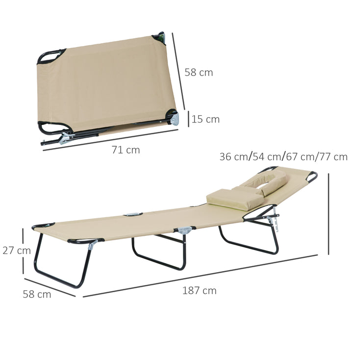 Outdoor Folding Sun Lounger with Face Hole, 4 Level Adjustable Backrest Reclining Garden Lounger, Garden Recliner Sunbed with 600 D Oxford Cloth Seat and Pillow for Beach, Beige