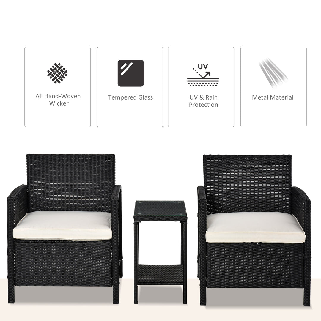 2-Seater PE Rattan Side Table & Armchair Bistro Set Jack and Jill Seat w/ Pillows Black