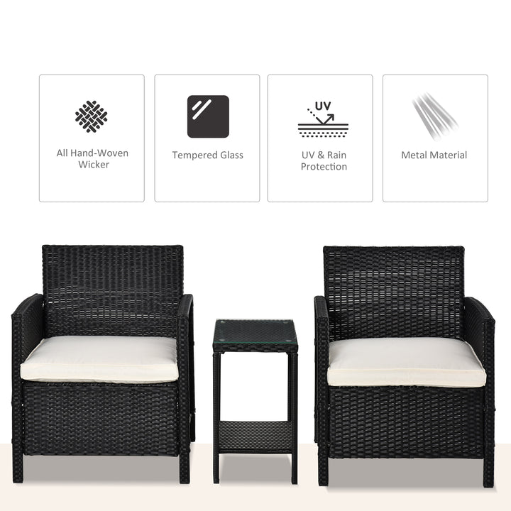 2-Seater PE Rattan Side Table & Armchair Bistro Set Jack and Jill Seat w/ Pillows Black