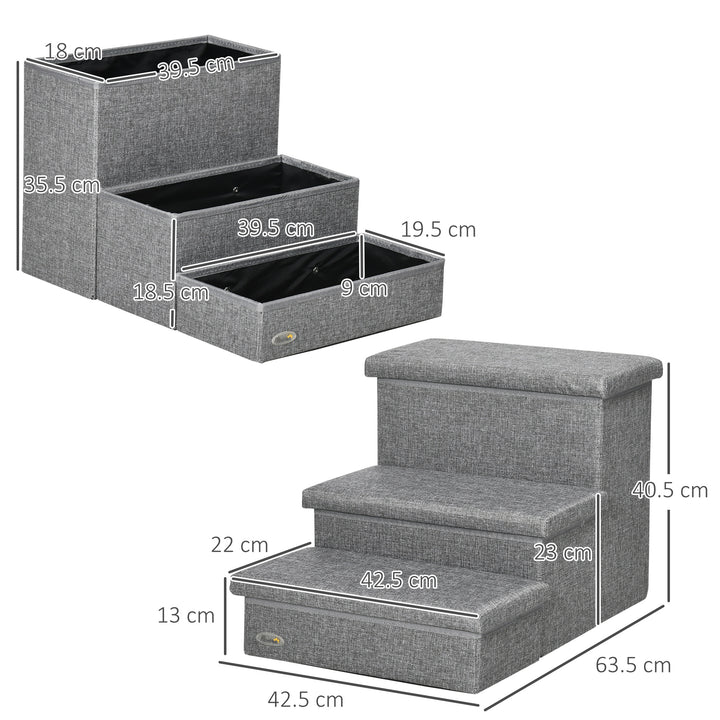 3 Steps Pet Stairs, with Storage Boxes, for Bed, Couches - Grey